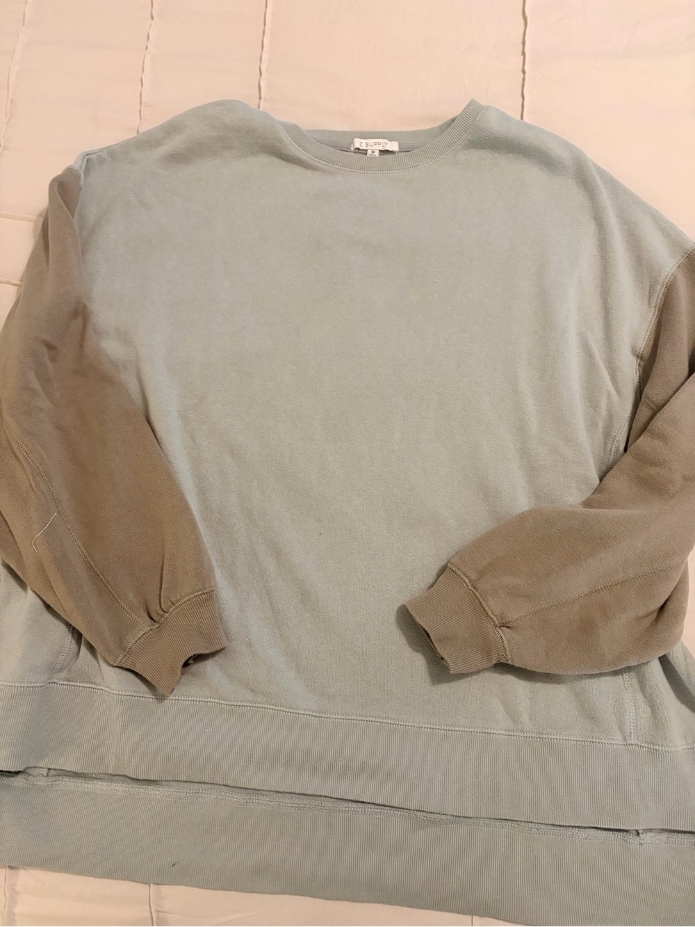 Z Supply Two-Tone Crewneck Sweater in Sage and Taupe Sleeves